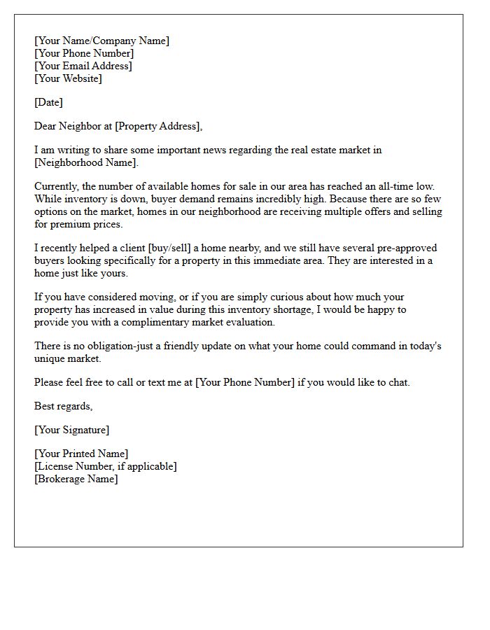 Low Inventory Neighborhood Sales Notification Letter