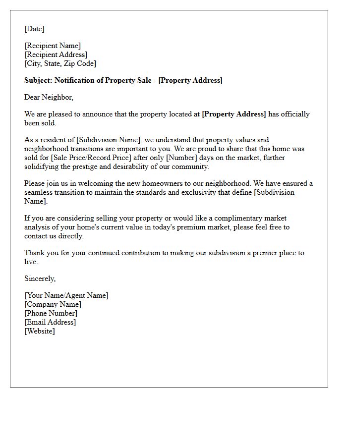 Exclusive Subdivision Sold Notification Letter