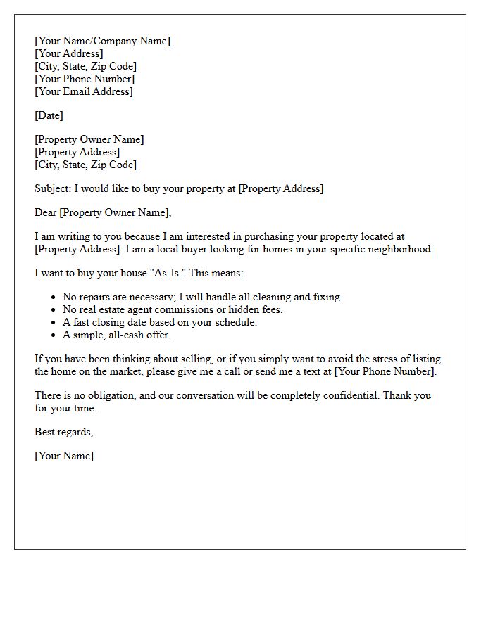 As Is Condition Local Property Sales Letter
