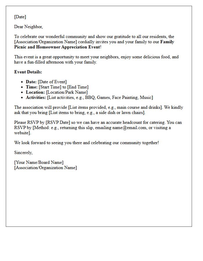 Family Picnic and Homeowner Appreciation Event Letter