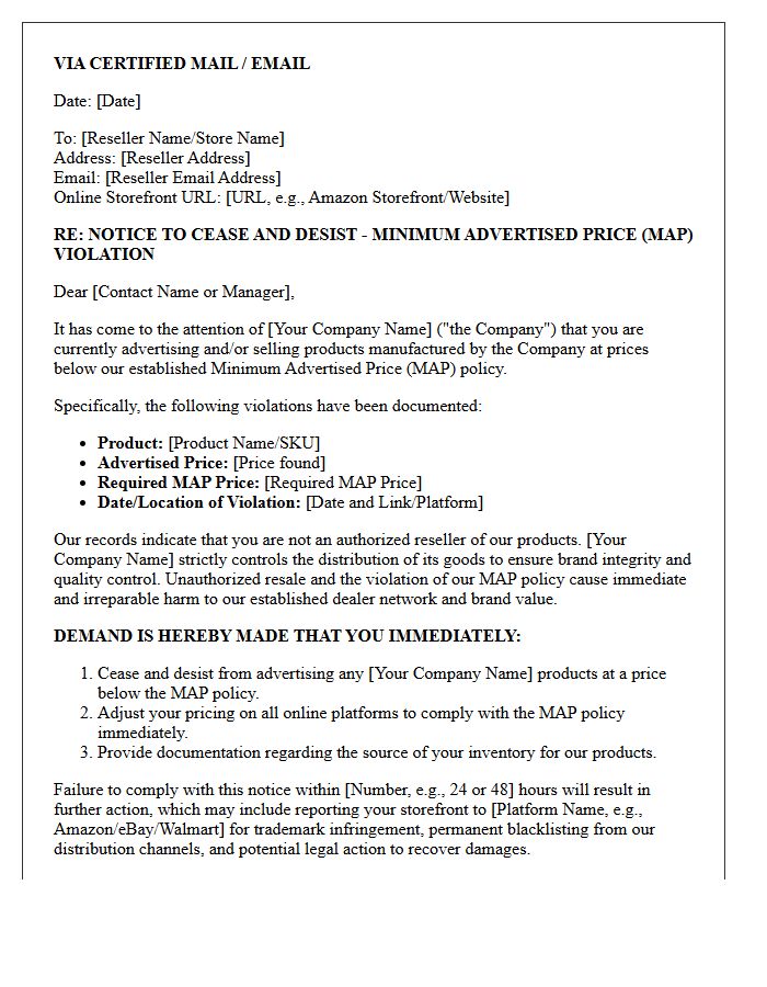 Unauthorized Reseller Minimum Advertised Price Violation Cease and Desist Letter