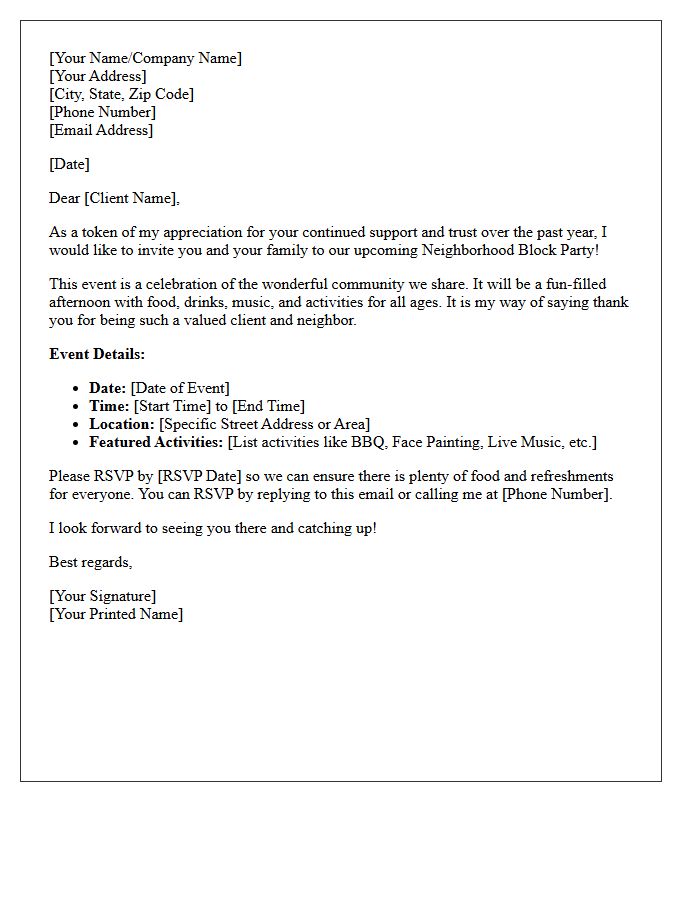 Neighborhood Block Party Client Appreciation Letter