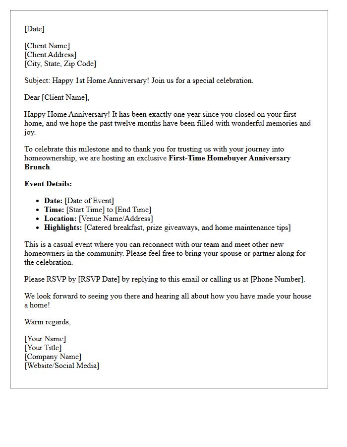 First-Time Homebuyer Anniversary Event Invitation Letter