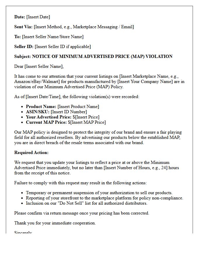 Third-Party Marketplace Minimum Advertised Price Violation Cease and Desist Letter