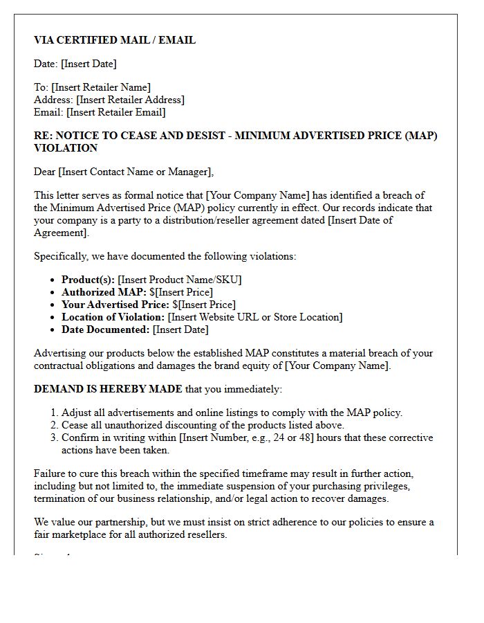 Breach of Contract Minimum Advertised Price Violation Cease and Desist Letter