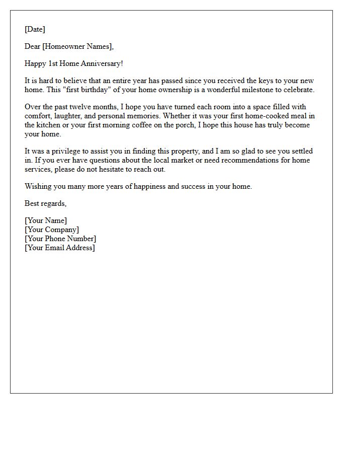 First Year In Your New Home Birthday Celebration Letter