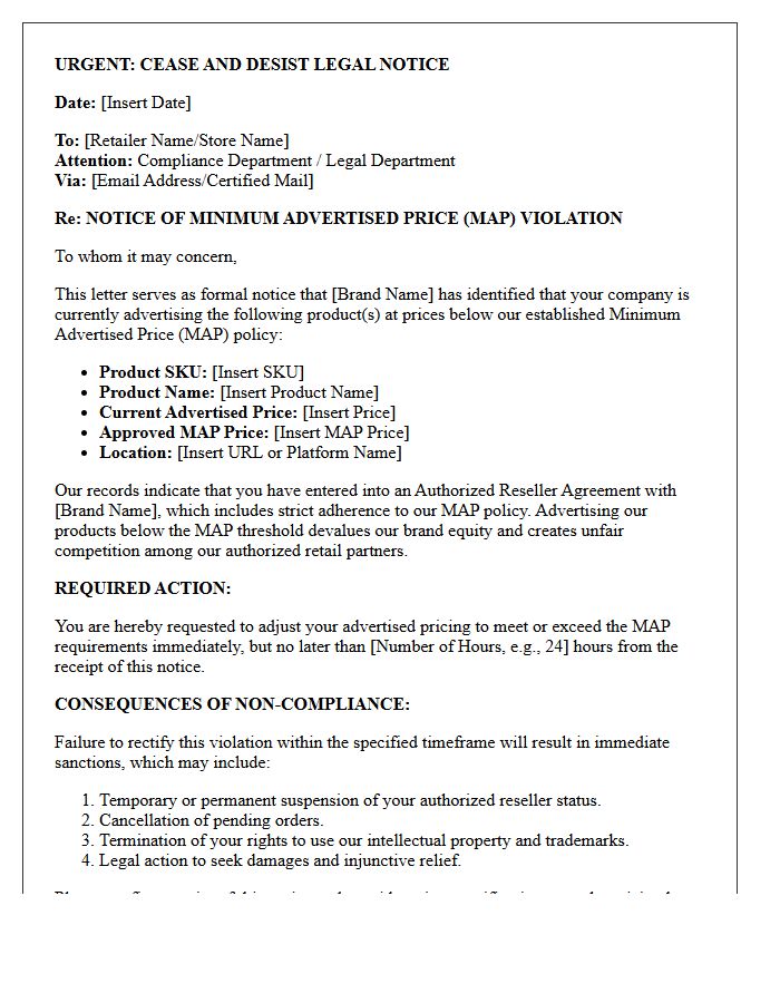 Expedited Legal Minimum Advertised Price Violation Cease and Desist Letter