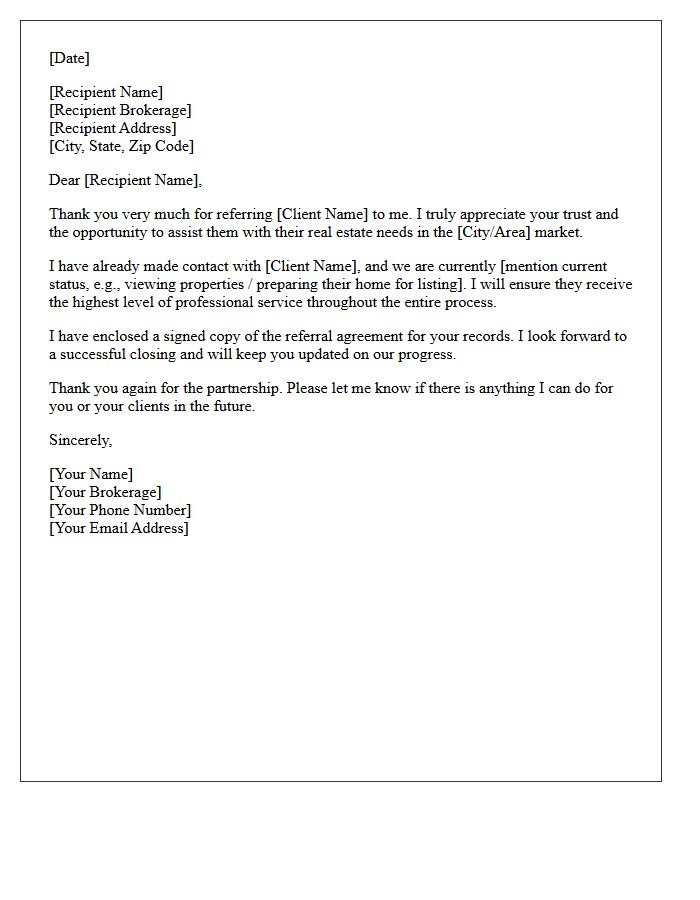 Fellow Realtor Referral Acknowledgment Letter
