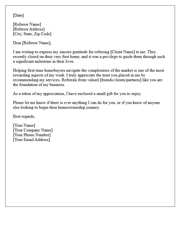 First-Time Homebuyer Referral Appreciation Letter