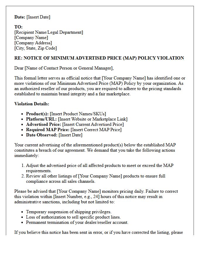 Formal Corporate Minimum Advertised Price Violation Cease and Desist Letter