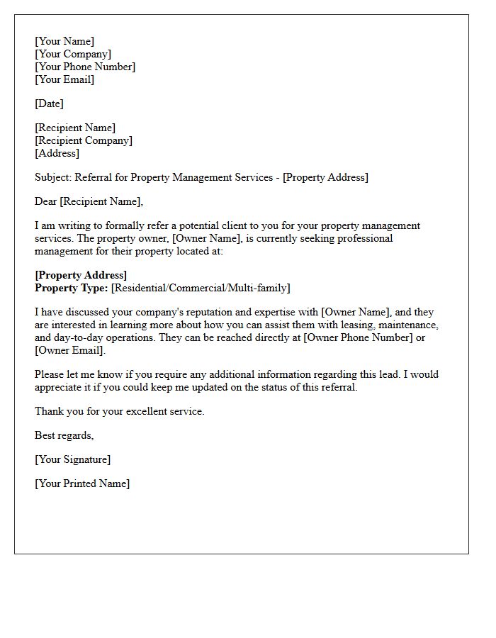 Property Management Lead Referral Letter