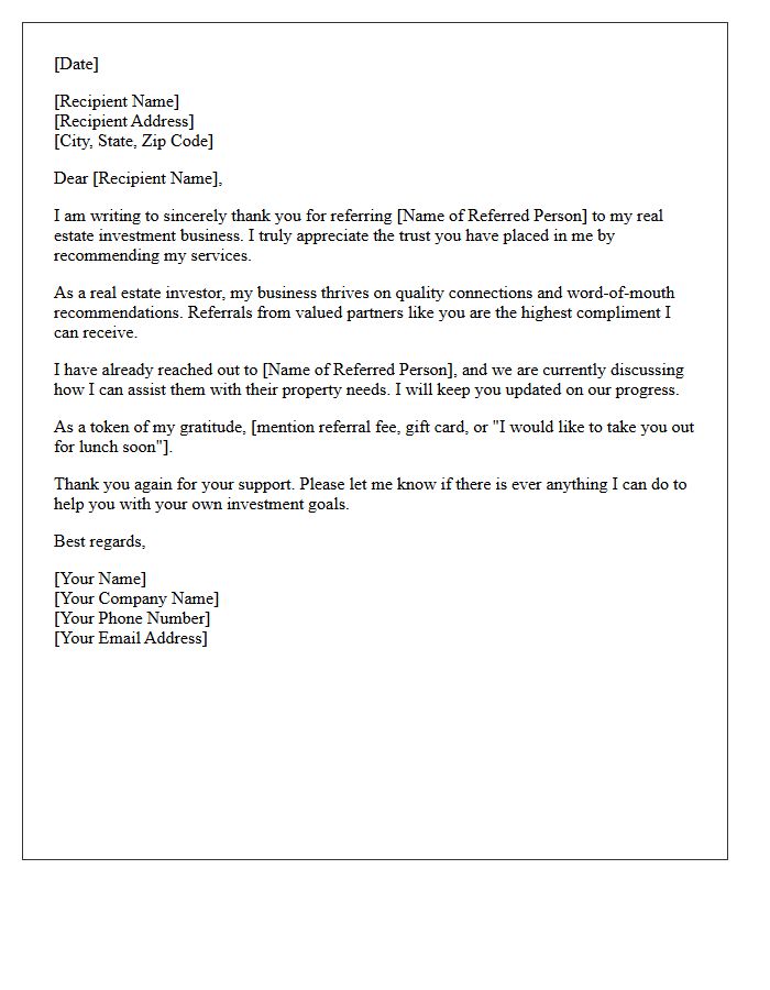 Real Estate Investor Referral Appreciation Letter