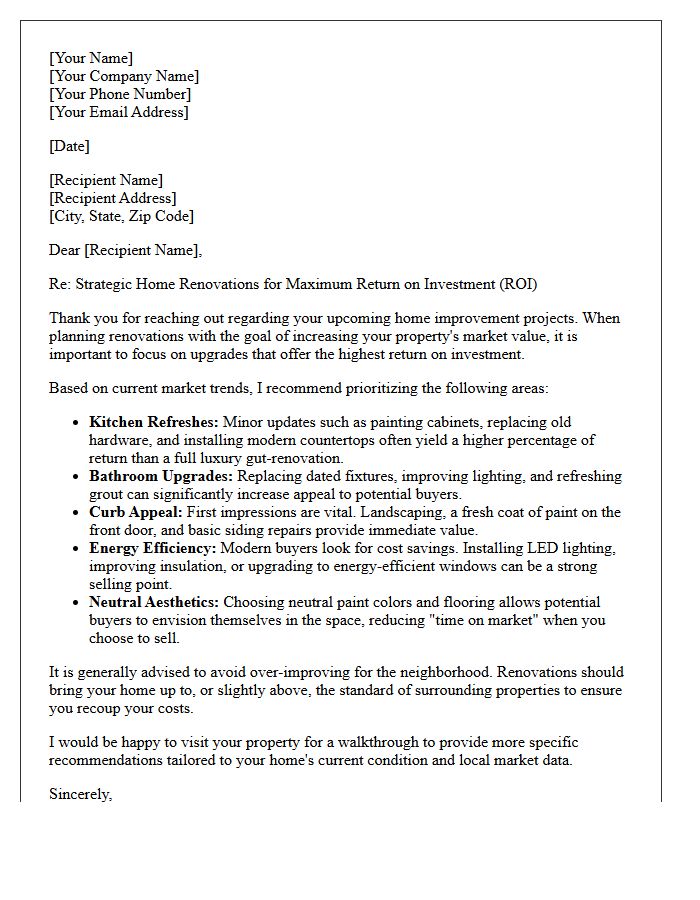 General Home Renovation Return on Investment Advice Letter