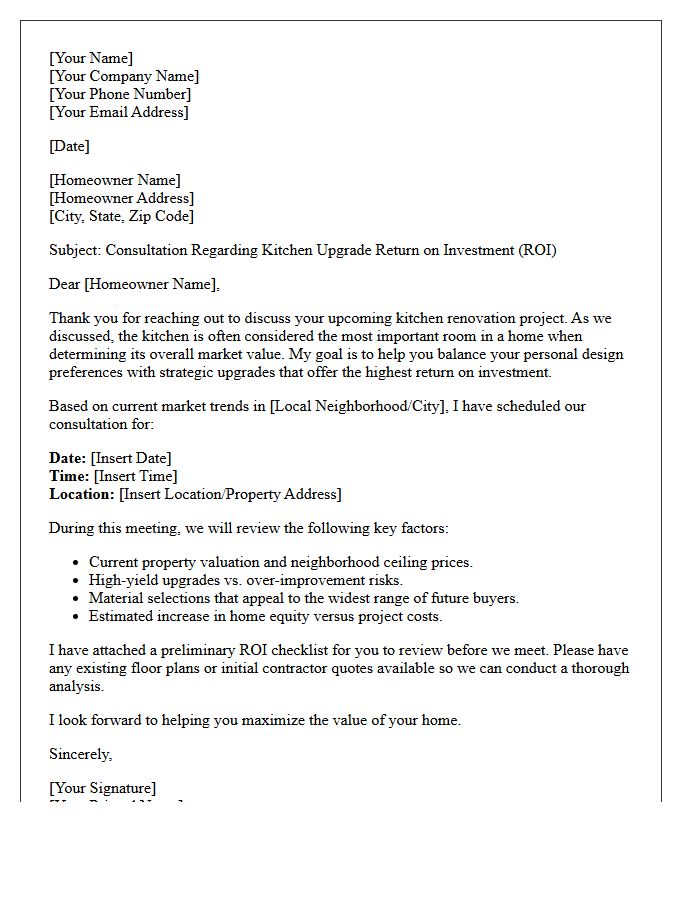Kitchen Upgrade Return on Investment Consultation Letter
