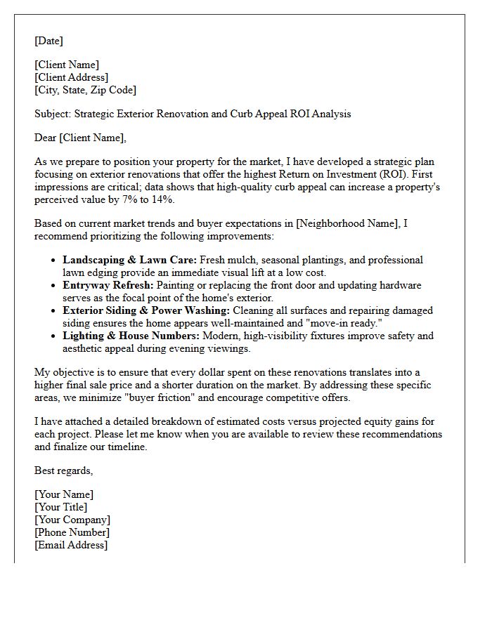 Curb Appeal and Exterior Renovation Return on Investment Strategy Letter