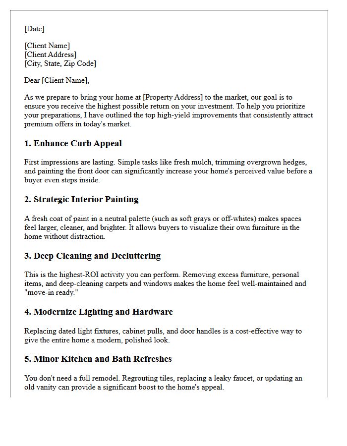 High-Yield Pre-Listing Home Improvement Advice Letter