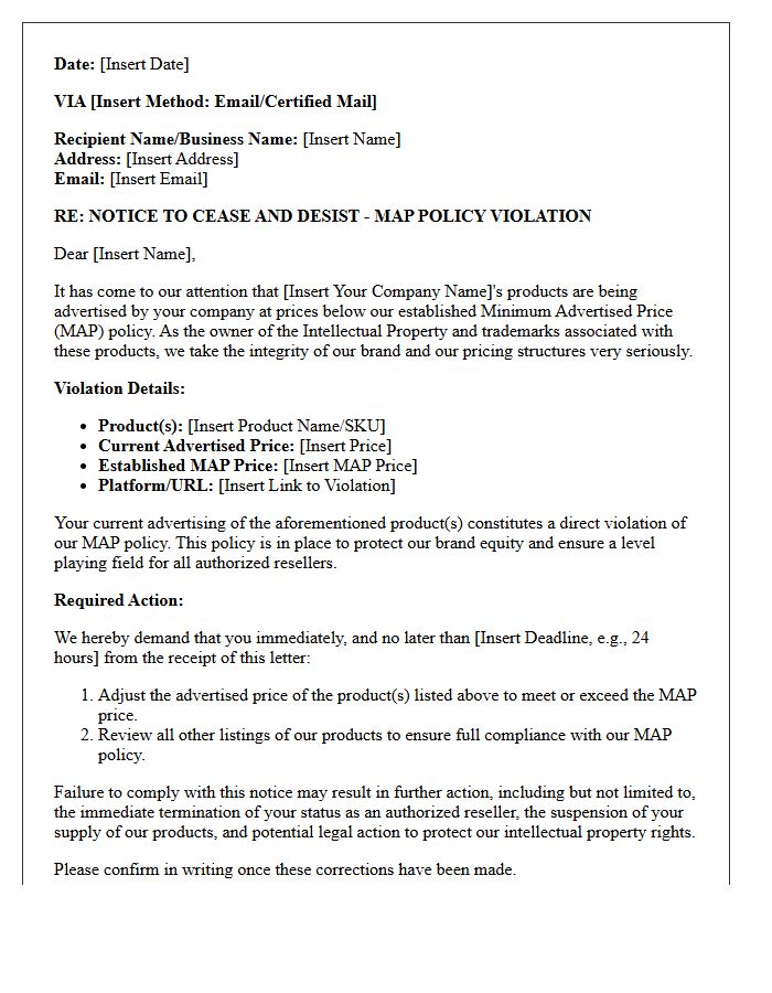 Intellectual Property Minimum Advertised Price Violation Cease and Desist Letter