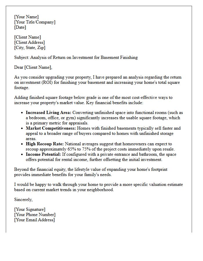 Basement Finishing and Square Footage Addition Return on Investment Letter