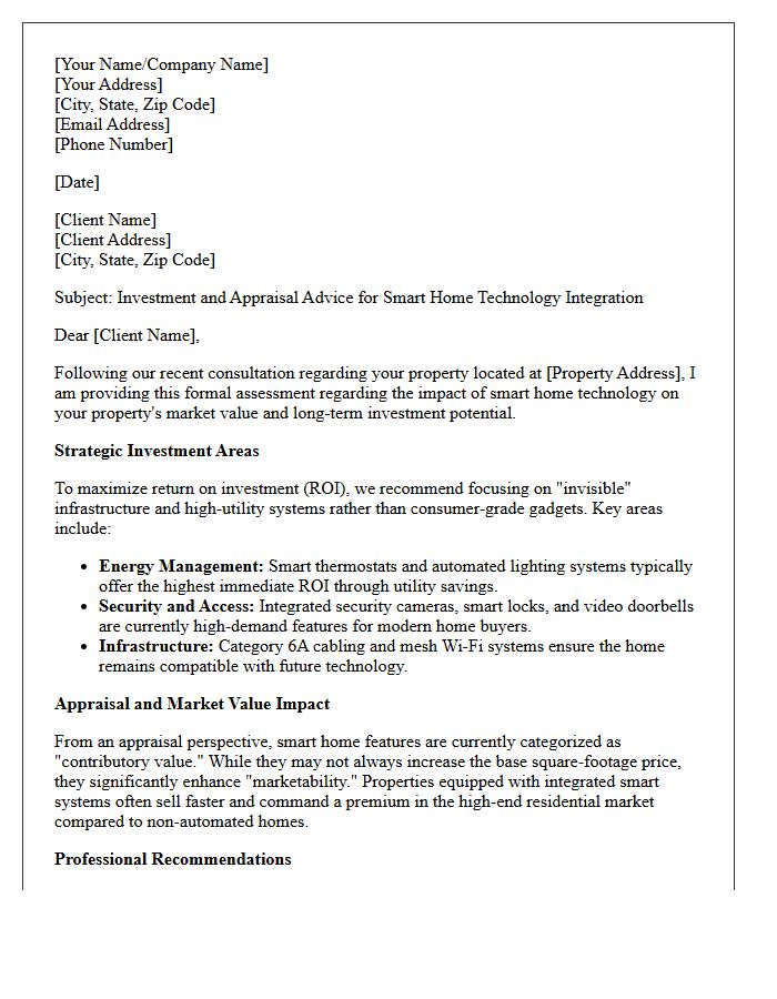 Smart Home Technology Investment and Appraisal Advice Letter