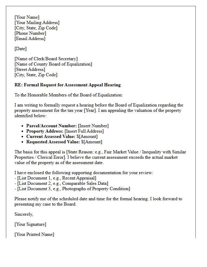 Formal Board of Equalization Hearing Request Letter