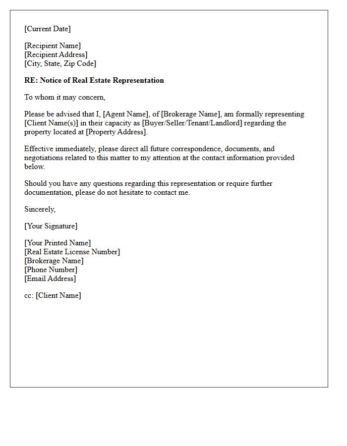 Notice of Representation by Real Estate Agent Letter