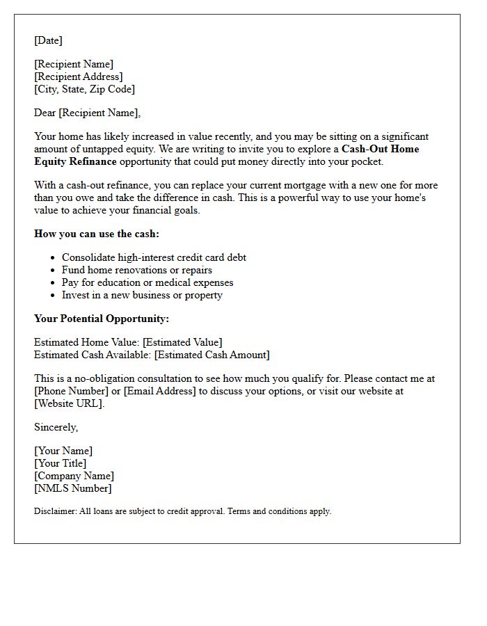 Cash-Out Home Equity Refinance Opportunity Letter