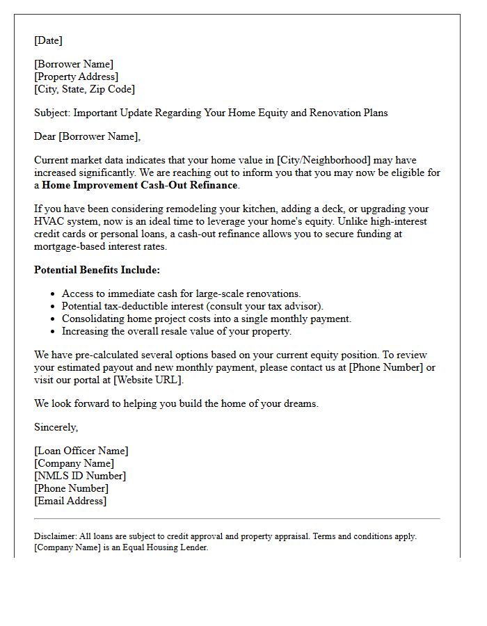 Home Improvement Cash-Out Refinance Alert Letter