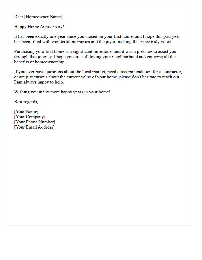 First Home Purchase Anniversary Congratulatory Letter