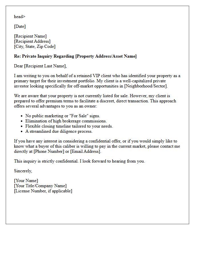 VIP Client Off-Market Investment Acquisition Letter