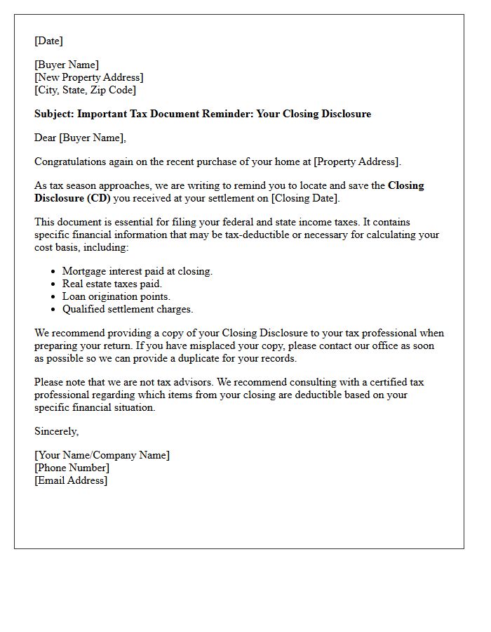Residential Homebuyer Closing Disclosure Tax Document Reminder Letter