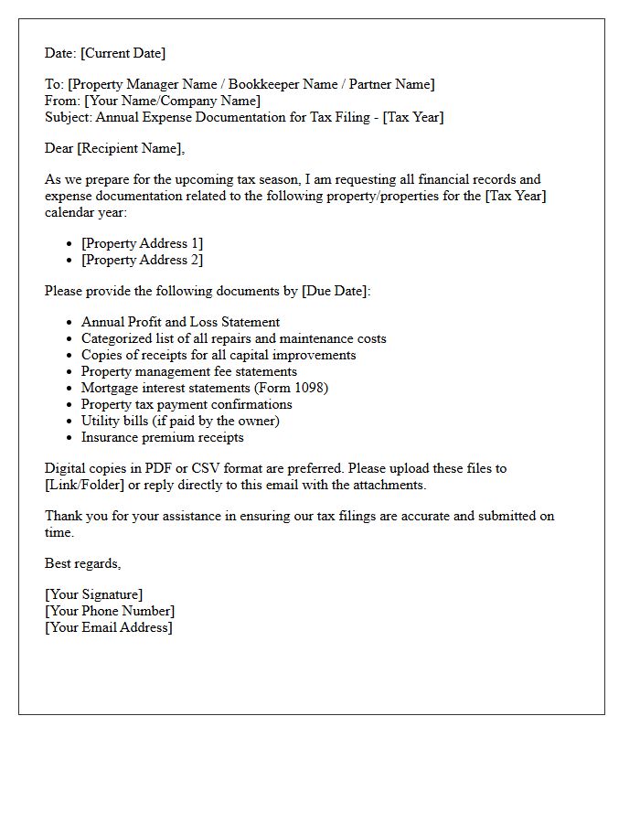 Real Estate Investor Annual Expense Tax Document Reminder Letter