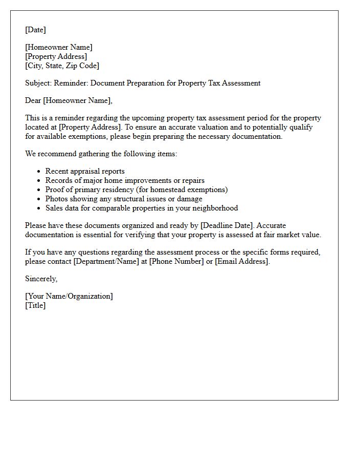 Homeowner Property Tax Assessment Document Preparation Reminder Letter