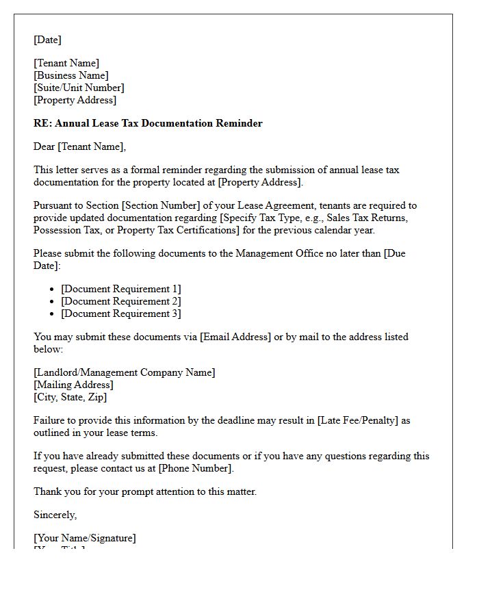 Commercial Tenant Annual Lease Tax Document Reminder Letter