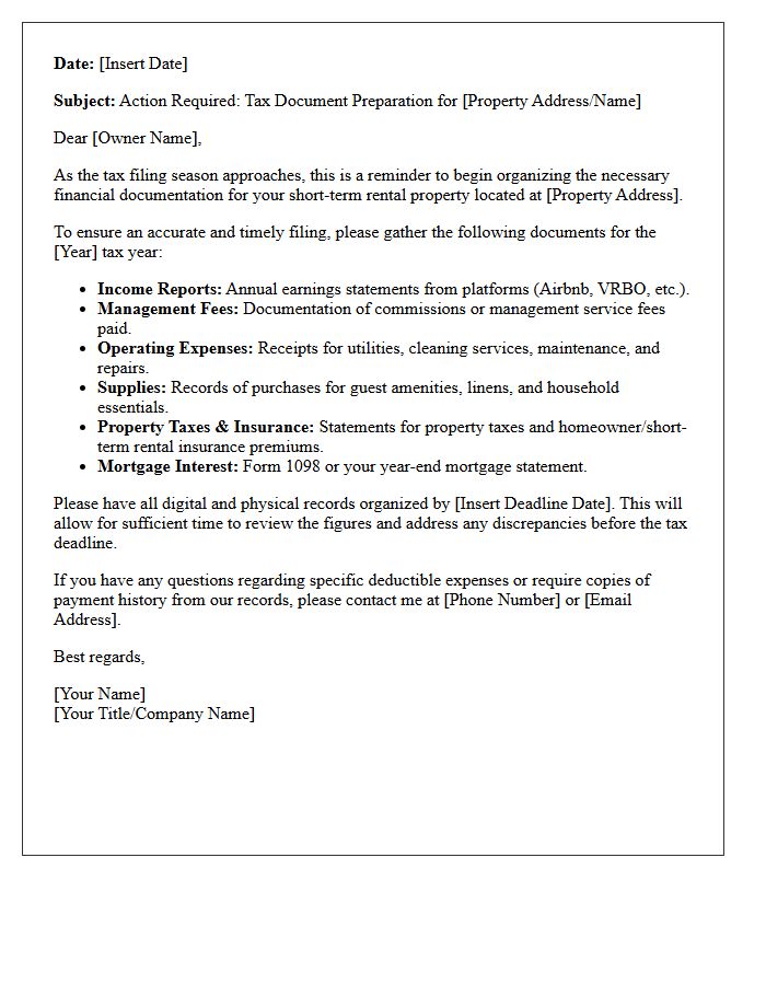 Short Term Rental Owner Tax Document Preparation Reminder Letter