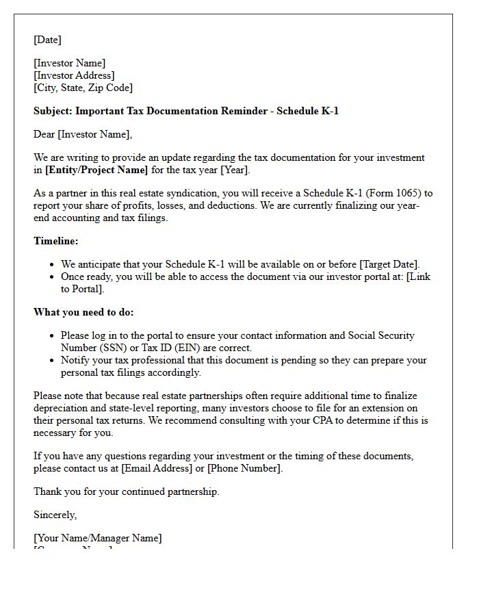 Real Estate Syndication Investor Tax Document Reminder Letter