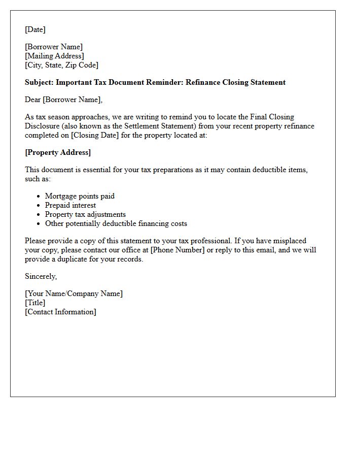 Property Refinance Closing Statement Tax Document Reminder Letter
