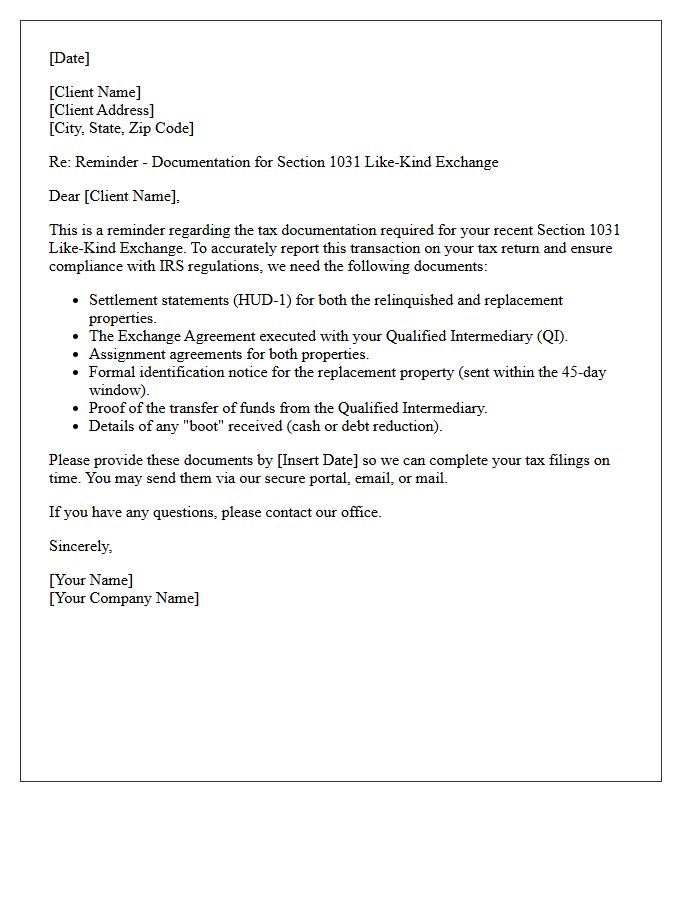 Like Kind Exchange Tax Document Preparation Reminder Letter