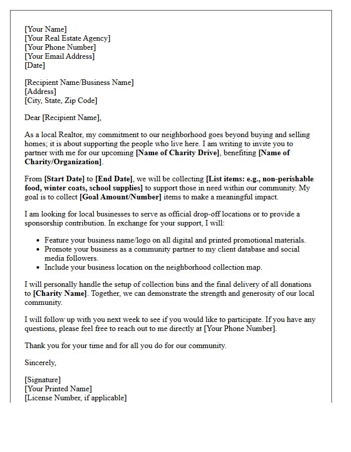 Community Charity Drive Realtor Sponsor Letter