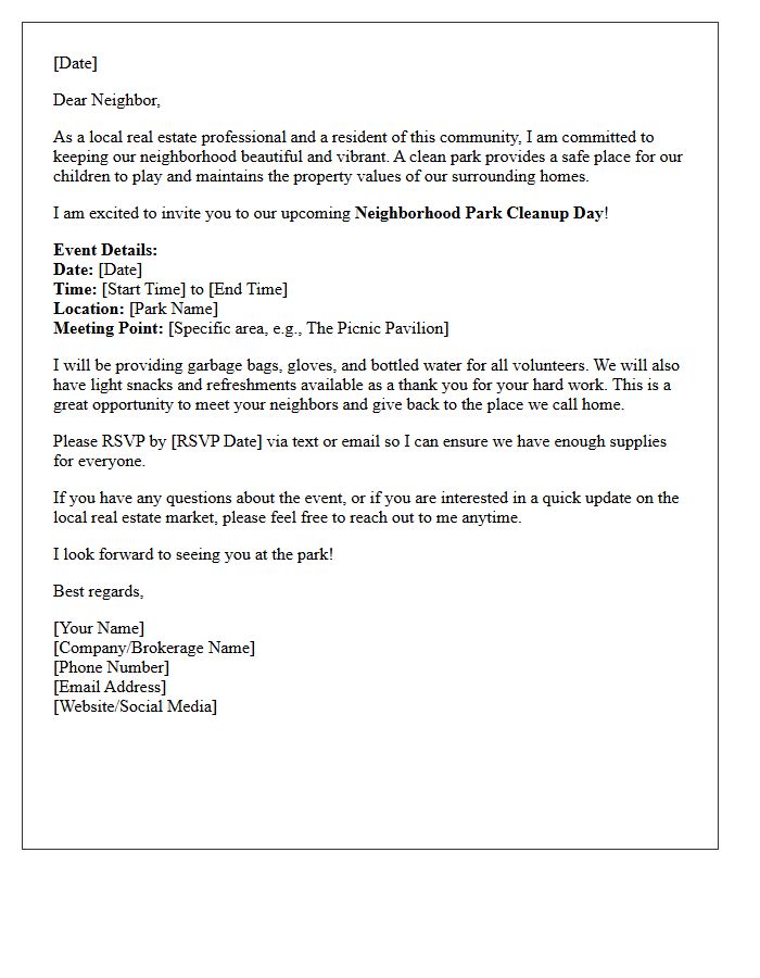 Neighborhood Park Cleanup Day Realtor Letter
