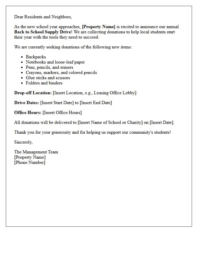 Back To School Supply Drive Property Letter
