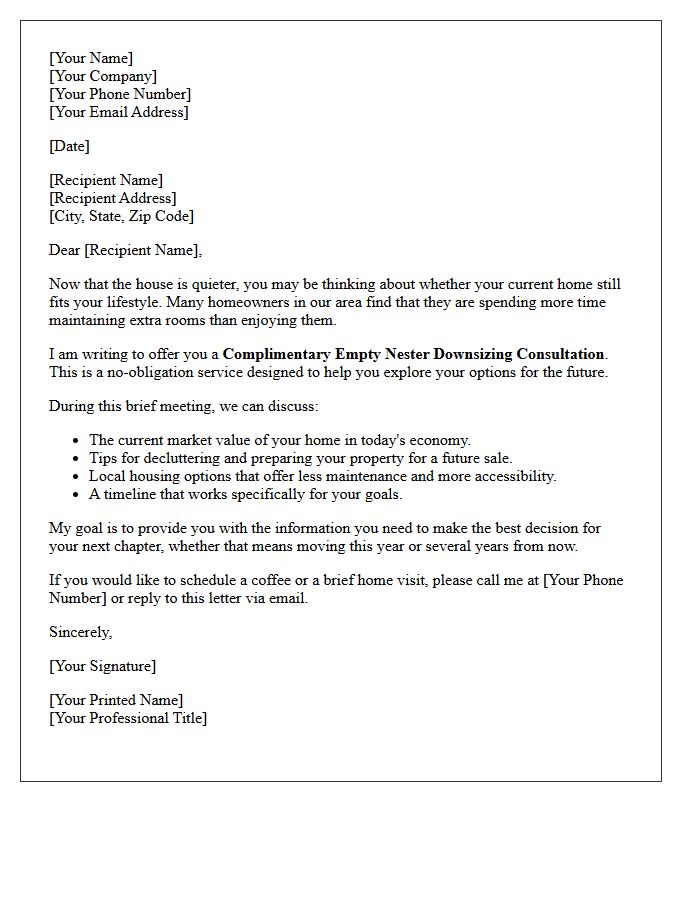 Complimentary Empty Nester Downsizing Consultation Letter