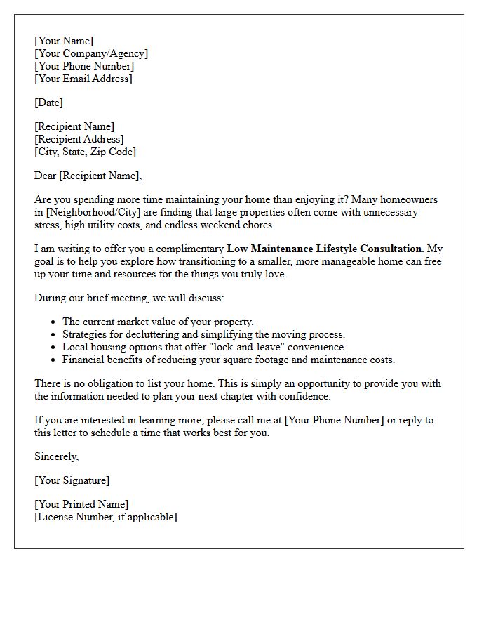 Low Maintenance Lifestyle Downsizing Consultation Letter