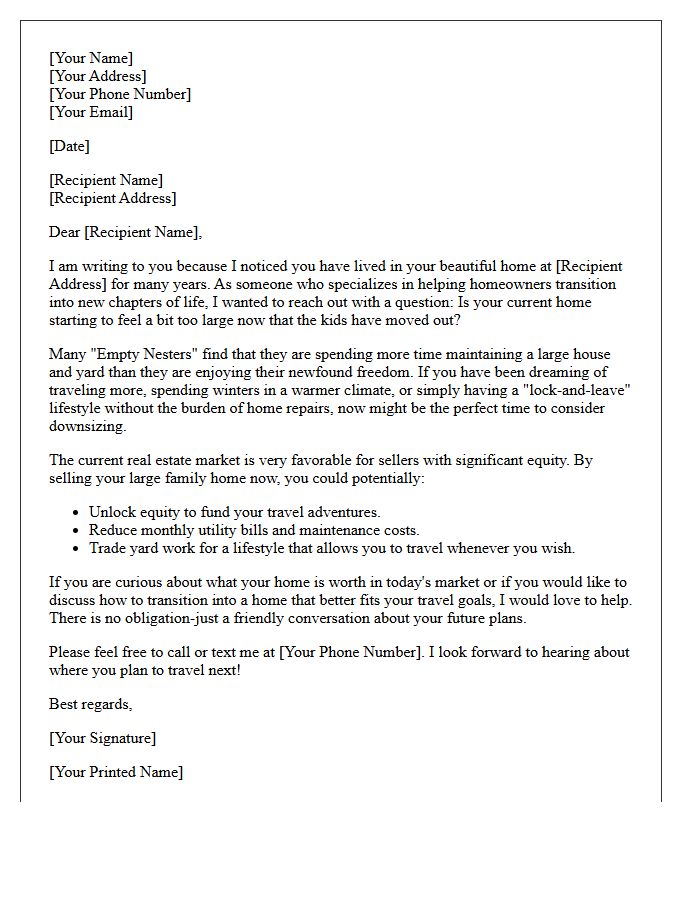 Freedom To Travel Empty Nester Downsizing Letter