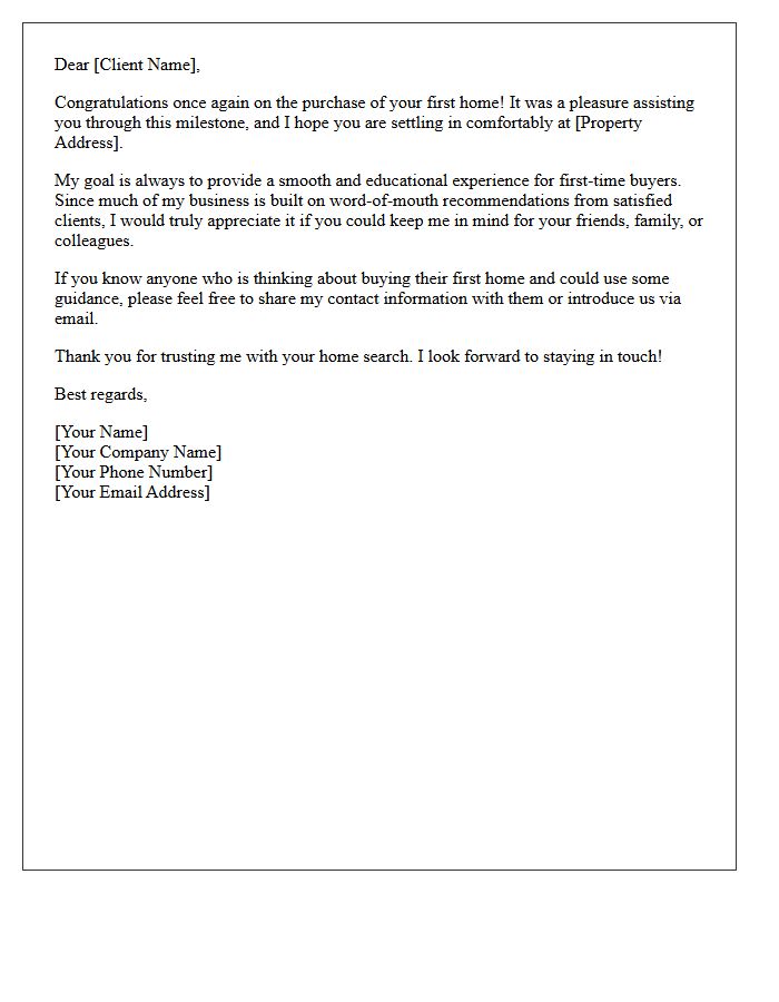 First-Time Homebuyer Post-Closing Referral Letter