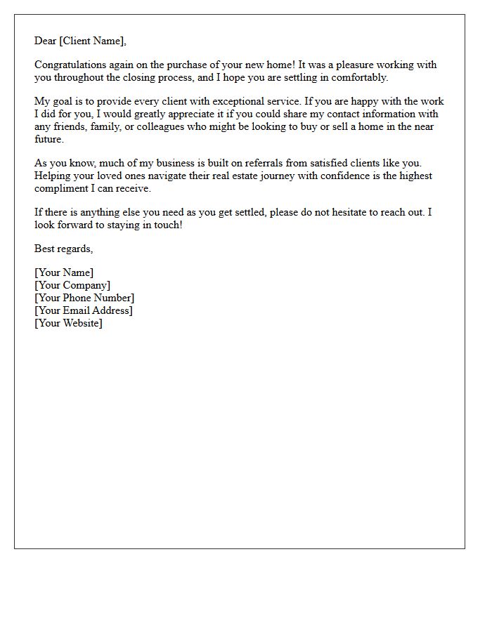 Post-Closing Real Estate Referral Letter For New Homeowners