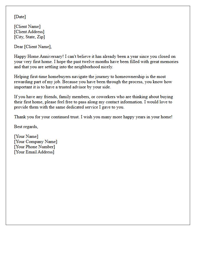 Closing Anniversary First-Time Homebuyer Referral Letter