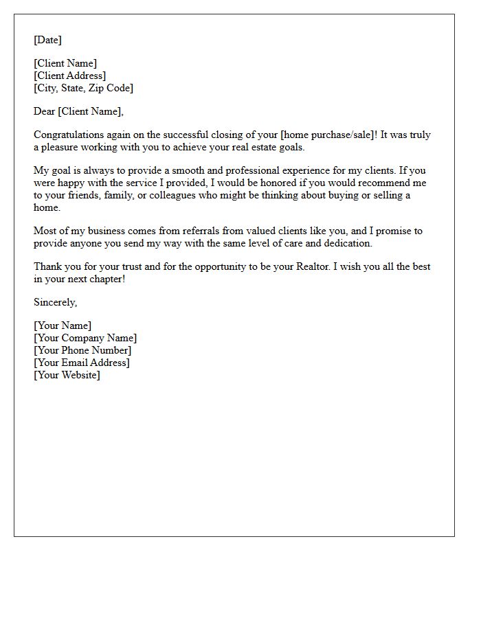 Real Estate Agent Post-Closing Referral Letter