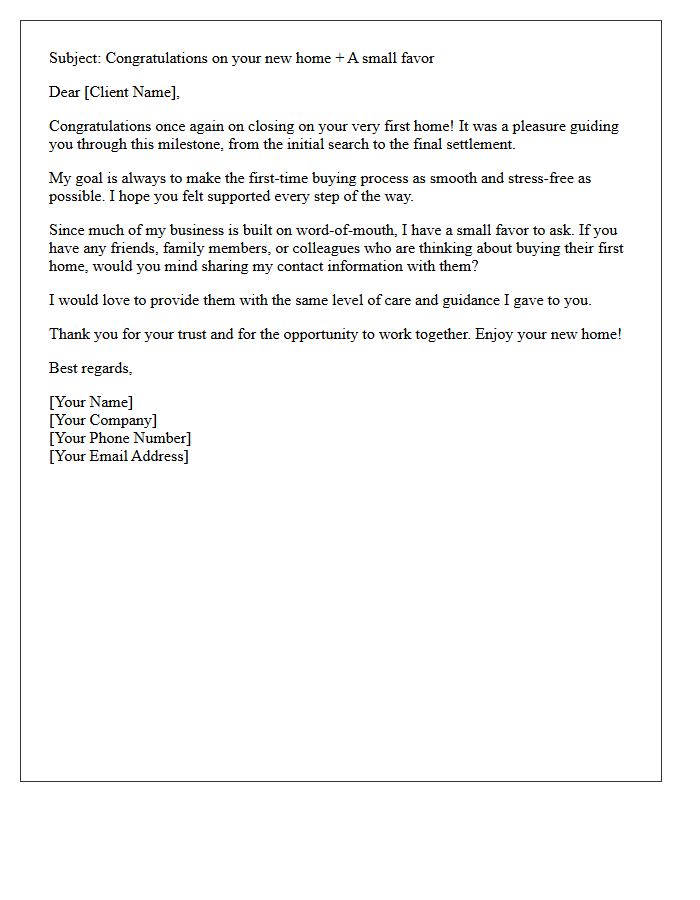 Post-Settlement Referral Request Letter For First-Time Buyers