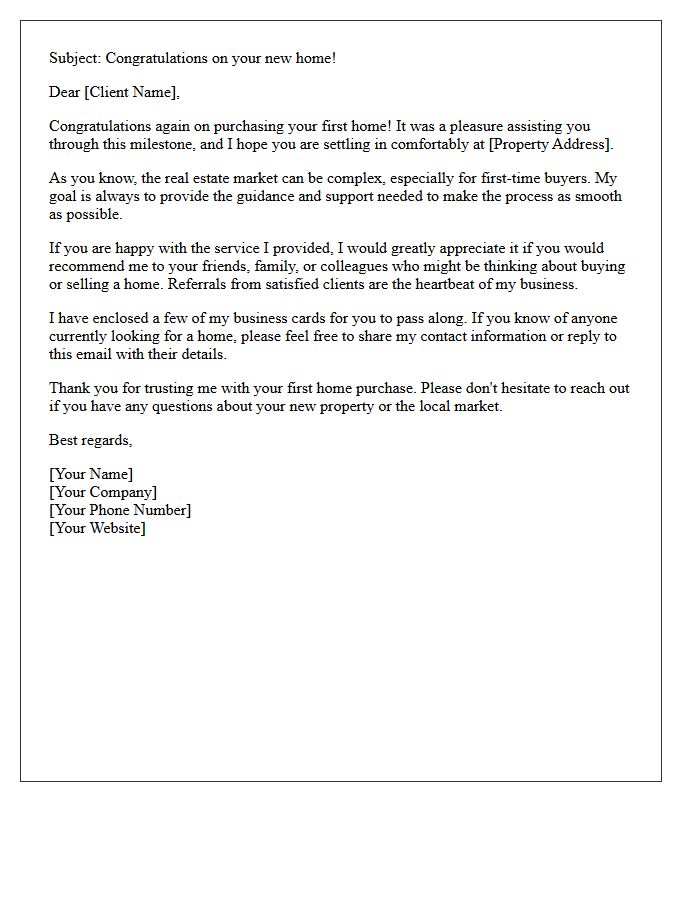 First-Time Homebuyer Post-Sale Referral Letter