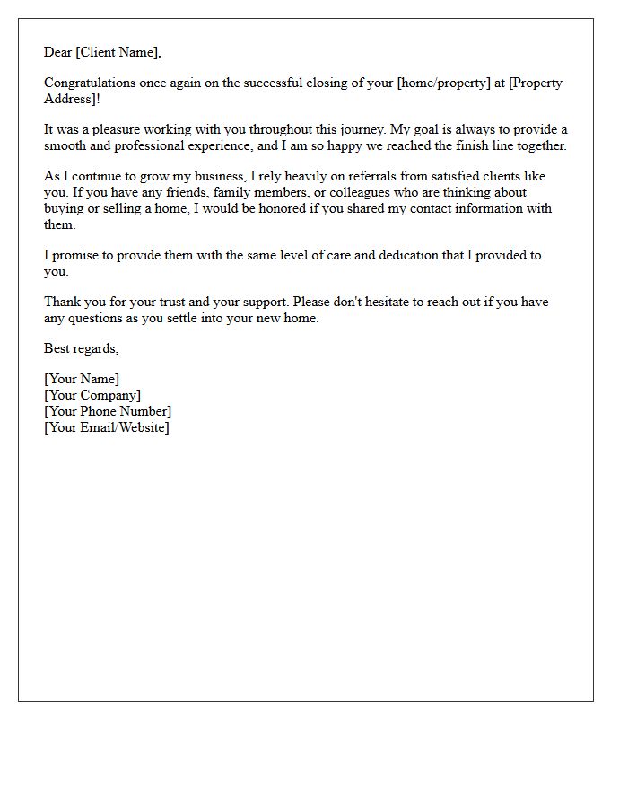 Real Estate Closing Follow-Up Referral Letter